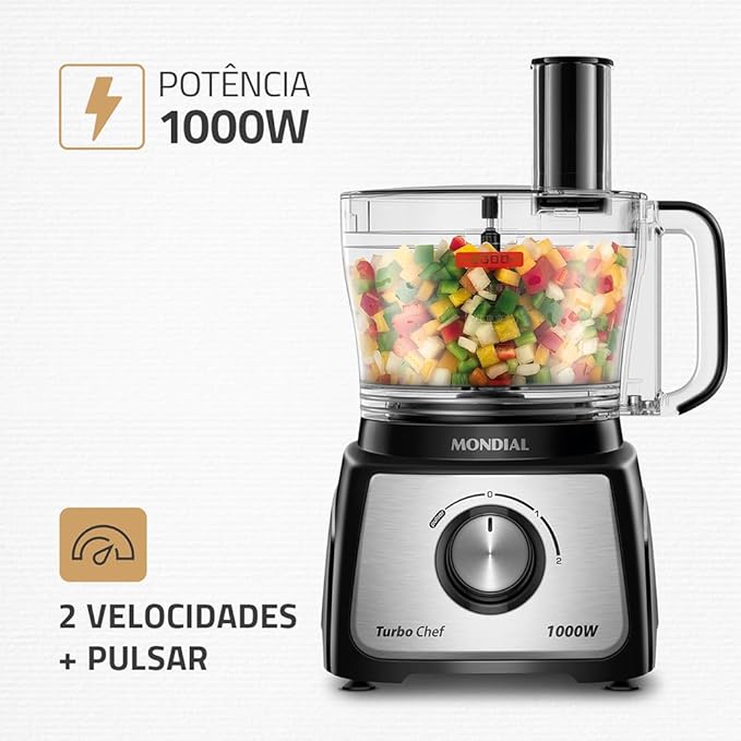 Multiprocessador Mondial Turbo Chef 5 em 1 1000W | Liquidificador 3L, Processador 3,2L e 4 Acessórios - 220V