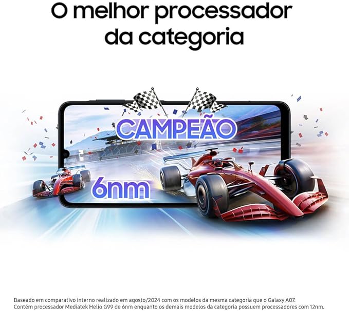 Samsung Galaxy A07 256GB 8GB RAM Preto – Tela 6,7" 90Hz, Câmera 50MP, Helio G99, Android 15 e IP54