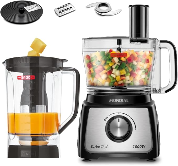 Multiprocessador Mondial Turbo Chef 5 em 1 1000W | Liquidificador 3L, Processador 3,2L e 4 Acessórios - 220V