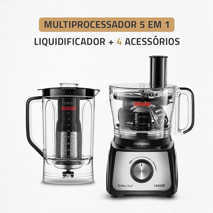 Multiprocessador Mondial Turbo Chef 5 em 1 1000W | Liquidificador 3L, Processador 3,2L e 4 Acessórios - 220V