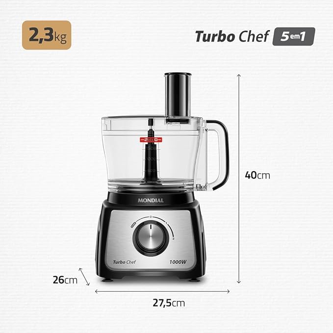 Multiprocessador Mondial Turbo Chef 5 em 1 1000W | Liquidificador 3L, Processador 3,2L e 4 Acessórios - 220V