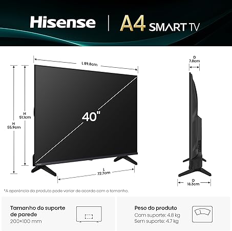 Smart TV Hisense 40" Full HD 40A4NV com HDR10, DTS Virtual, Alexa e Google Home