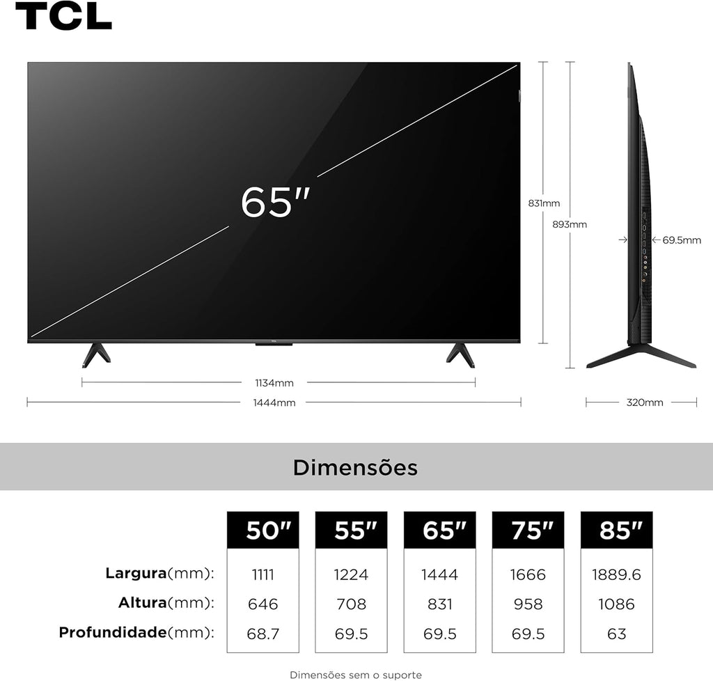 Smart TV TCL 65" QLED 4K Google TV P7K | HDR10+, Dolby Vision e Dolby Atmos